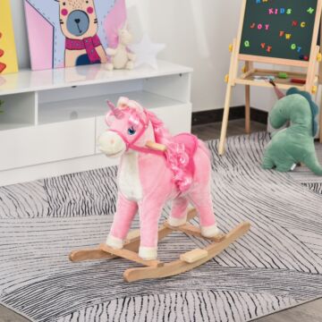 Homcom Kids Unicorn Plush Rocking Ride On W/ Sound Pink