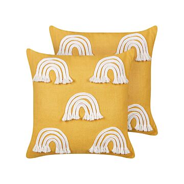 Set Of 2 Scatter Cushions Yellow Cotton 45 X 45 Cm Throw Pillow Embroidered Rainbow Pattern Beliani