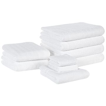 Set Of 9 Towels White Terry Cotton Chevron Pattern Texture Bath Towels Guest Towels Hand Towels Bath Mat Beliani