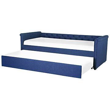 Trundle Bed Blue Fabric Upholstery Eu Small Single Size Guest Underbed Buttoned Beliani