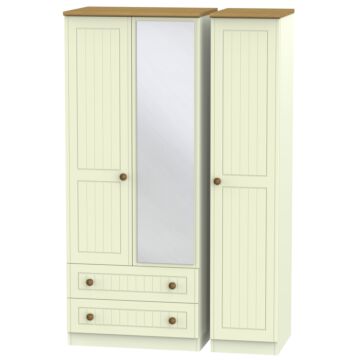 Warwick Triple 2 Drawer Mirrored Wardrobe In Cream Ash & Modern Oak