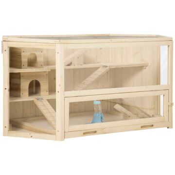Pawhut Wooden Large Hamster Cage Mouse Rats Small Animal Exercise Play House 3 Tier With Slide Activity Center, Natural