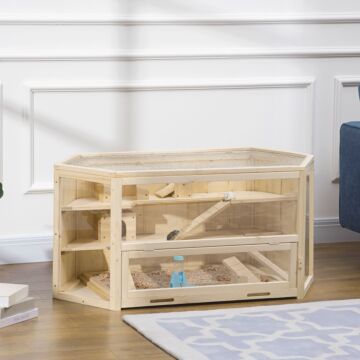 Pawhut Wooden Large Hamster Cage Mouse Rats Small Animal Exercise Play House 3 Tier With Slide Activity Center, Natural