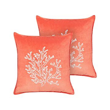Set Of 2 Scatter Cushions Pink Velvet 45 X 45 Cm Marine Coral Motif Square Polyester Filling Home Accessories Beliani