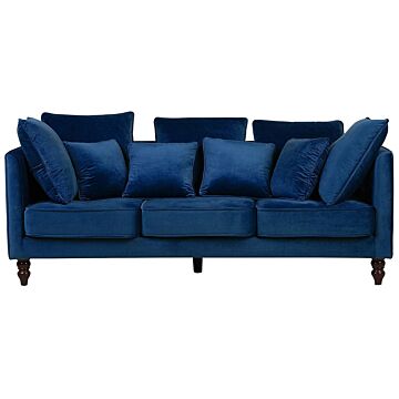 Sofa Blue Velvet Upholstered 3 Seater Cushioned Seat And Back With Wooden Legs Beliani