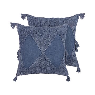 Set Of 2 Scatter Cushions Blue Cotton 45 X 45 Cm Geometric Pattern Tassels Removable Cover With Filling Boho Style Beliani