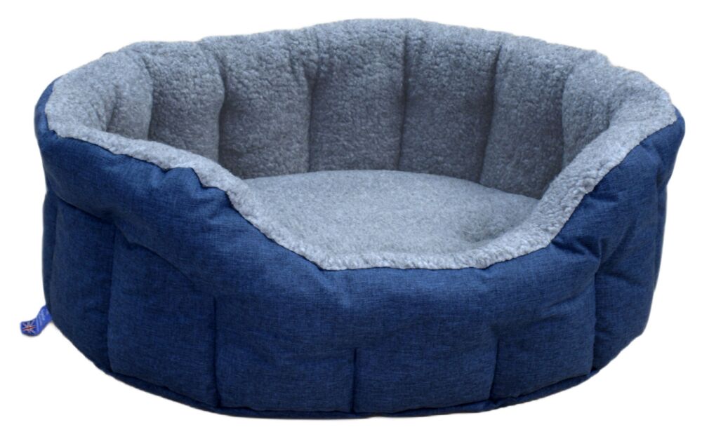 P&l Premium Oval Drop Fronted Bolster Style Heavy Duty Fleece Lined Softee Bed Colour Navy Blue/silver Size Large—internal L76cm X W64cm X H24cm / Base Cushion 8cm Thickness