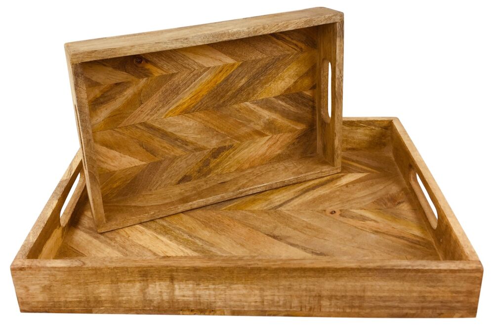 Herringbone Square Wood Rustic Trays Set Of 2