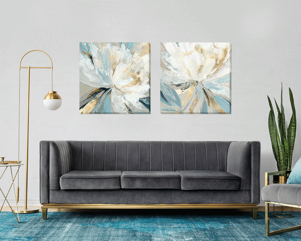 Golden Blue Florals I By Asia Jensen - Wrapped Canvas