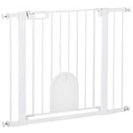 Pawhut Dog Gate With Cat Flap Pet Safety Gate Barrier, Stair Pressure Fit, Auto Close, Double Locking, For Doorways, Hallways, 75-103 Cm White
