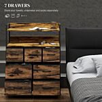 Homcom Rustic Chest Of Seven Fabric Drawers - Brown Wood Effect