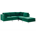 Left Hand Modular Corner Sofa Green Velvet 4 Seater With Ottoman L-shaped Silver Metal Legs Glamour Style Beliani