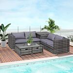 Outsunny 4-seater Rattan Wicker Garden Furniture Patio Sofa Storage & Table Set W/ 2 Drawers Coffee Table,great Cushioned 4 Seats Corner Sofa - Grey