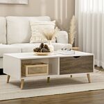 Homcom Coffee Table, Modern Tea Table With Open Storage Shelves, Two Drawers And Solid Wood Legs, Coffee Tables For Living Room, Bed Room, White