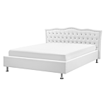 Eu King Size Bed White Faux Leather 5ft3 Upholstered Frame With Storage Nailhead Trim Crystal Buttons Headrest Beliani