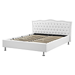 Eu King Size Bed White Faux Leather 5ft3 Upholstered Frame With Storage Nailhead Trim Crystal Buttons Headrest Beliani