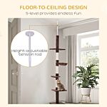 Pawhut 5-tier Floor To Ceiling Cat Tree, Tall Kitty Tower Climbing Activity Center Scratching Post Adjustable Height 230-260cm, Brown