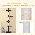 Pawhut 5-tier Floor To Ceiling Cat Tree, Tall Kitty Tower Climbing Activity Center Scratching Post Adjustable Height 230-260cm, Brown