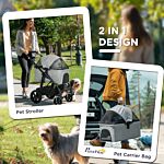 Pawhut 2-in-1 Design Pet Stroller Detachable Bag Travel Trolley With Shock-absorbing System Brake Basket Adjustable Handlebar Safety Leash Grey