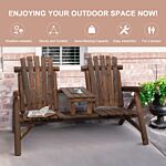 Outsunny Wood Patio Chair Bench 2 Seats With Center Coffee Table, Garden Loveseat Bench Backyard, Perfect For Lounging Relaxing Outdoors, Carbonized