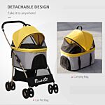 Pawhut Detachable Dog Pushchair, 3-in-1 Dog Cat Travel Carriage, Foldable Carrying Bag With Universal Wheel Brake Canopy Basket Storage Bag, Yellow