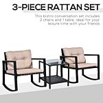 Outsunny 2 Seater Rattan Rocking Set Patio Bistro Table Chairs Conversation W/ Cushion