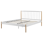 Eu King Size Panel Bed White With Light Wood Legs 5ft3 White Metal Frame Slatted Base Retro Scandinavian Beliani