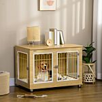 Pawhut Dog Crate Furniture, Dog Cage End Table. With Soft Cushion, Double Door - Oak Tone