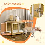 Pawhut Dog Crate Furniture, Dog Cage End Table. With Soft Cushion, Double Door - Oak Tone