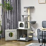 Pawhut Enclosed Cat Litter Box With Cat House, Cat Bed, Scratching Posts, Platforms For Indoor Cats Use, Grey