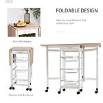 Homcom Drop-leaf Kitchen Trolley W/ 3 Baskets Drawer Surface Top 6 Wheels Rolling Storage Unit Kitchen Home Dining Cart White Oak Tone