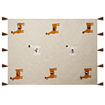 Blanket Beige And Orange Cotton 130 X 180 Cm Handmade Embrioidery Bed Throw Cosy Lama Pattern With Tassels Beliani