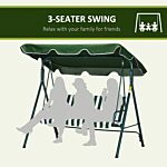 Outsunny 3 Seater Garden Swing Chair W/ Adjustable Canopy, Garden Swing Seat With Steel Frame, Padded Seat, Green