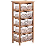 Homcom 5 Drawer Dresser Wicker Basket Storage Shelf Unit Wooden Frame Home Organisation Cabinet Bedroom Office Furniture Natural Finish