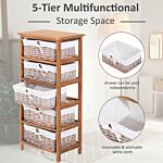 Homcom 5 Drawer Dresser Wicker Basket Storage Shelf Unit Wooden Frame Home Organisation Cabinet Bedroom Office Furniture Natural Finish