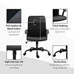 Vinsetto Pvc Leather & Mesh Panel Blend Office Chair Swivel Seat W/ Padding Ergonomic Desk Adjustable Height Tilt 5 Wheels Stylish Black