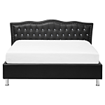 Eu King Size Bed Black Faux Leather 5ft3 Upholstered Frame Nailhead Trim Crystal Buttons Headrest Beliani