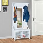 Homcom Hallway Furniture Set Shoe Bench Storage Mirror Cabinet Coat Rack Multiple Cubes Hangers Organiser Shelves W/ 4 Hooks