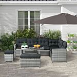 Outsunny 5-piece Rattan Patio Furniture Set With Corner Sofa, Footstools, Glass Coffee Table, Cushions, Mixed Grey