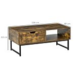 Homcom Industrial Coffee Table Wooden End Table With Shortage Shelf And Drawer Modern Sofa Table Metal Frame, Rustic Brown 106w X 48d X 43h Cm