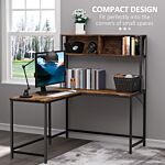 Homcom Industrial L-shaped Work Desk & Storage Shelf Steel Frame Adjustable Feet Corner Workstation Home Office Study Stylish Brown Black