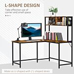 Homcom Industrial L-shaped Work Desk & Storage Shelf Steel Frame Adjustable Feet Corner Workstation Home Office Study Stylish Brown Black