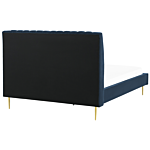 Eu Double Size Panel Bed 4ft6 Blue Velvet Slatted Base High Headrest Vintage Beliani