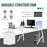 Homcom L-shaped Computer Desk Table With Storage Drawer Home Office Corner Industrial Style Workstation, White
