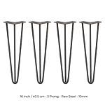 4 X 16" Hairpin Legs - 3 Prong - 10mm - Raw Steel