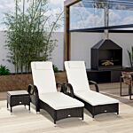 Outsunny 3 Pieces Patio Lounge Chair Set, Garden Wicker Wheeling Recliner Outdoor Daybed, Pe Rattan Lounge Chairs W/cushions & Side Coffee Table Brown