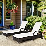 Outsunny 3 Pieces Patio Lounge Chair Set, Garden Wicker Wheeling Recliner Outdoor Daybed, Pe Rattan Lounge Chairs W/cushions & Side Coffee Table Brown