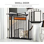 Pawhut Dog Gate With Cat Door Pet Safety Gate, Auto Close Double Locking Pine Wood Decoration, For Doorways Stairs Indoor, 74-80 Cm Wide, Black