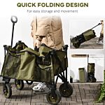 Outsunny Folding Garden Trolley On Wheels, Collapsible Camping Trolley With Folding Board, Outdoor Utility Wagon With Steel Frame Oxford Fabric Green