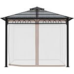 Outsunny 3 X 3 (m) Outdoor Polycarbonate Gazebo, Double Roof Hard Top Gazebo With Galvanized Steel Frame, Nettings & Curtains